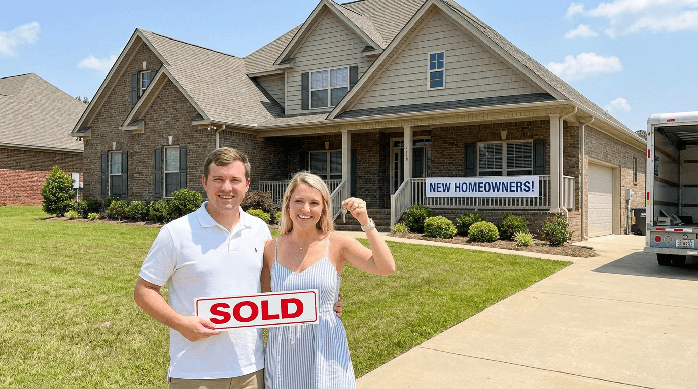 Happy clients holding a SOLD sign with May's HomeBridge